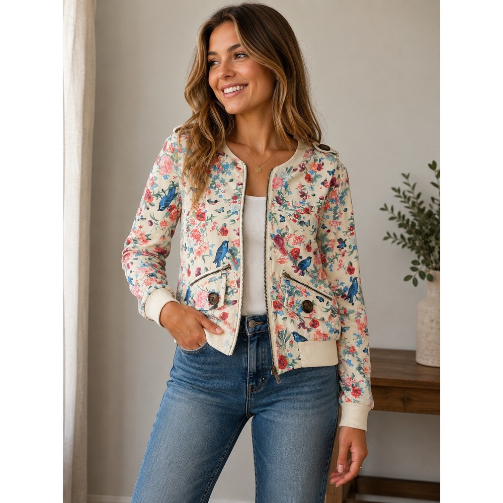 Holly Bracken Floral Bluebird Bomber Jacket Cream Faux Suede Small K2055EF17